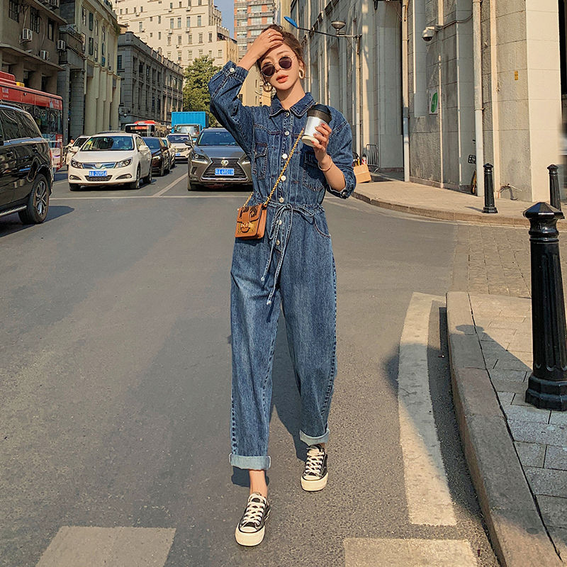 Spring fashion bf denim jumpsuit female  new waist drawstring high waist slim slim jeans Korean version
