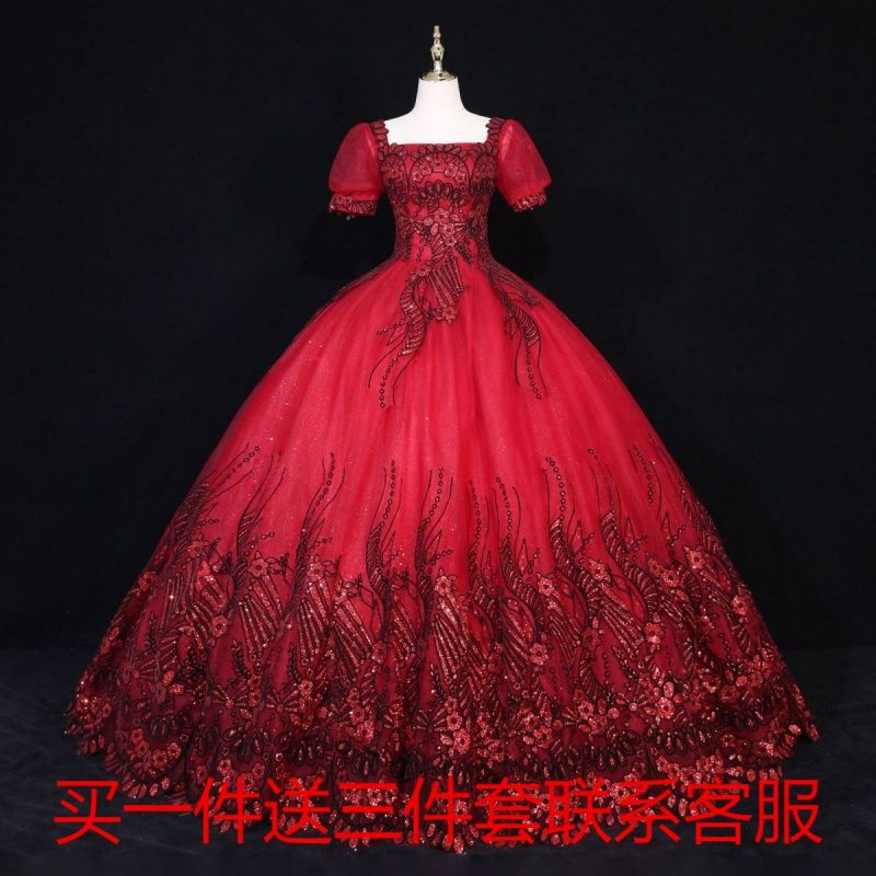 彩色婚纱2021新款新娘礼服红色敬酒服舞台演出服主持人独唱蓬蓬裙【3