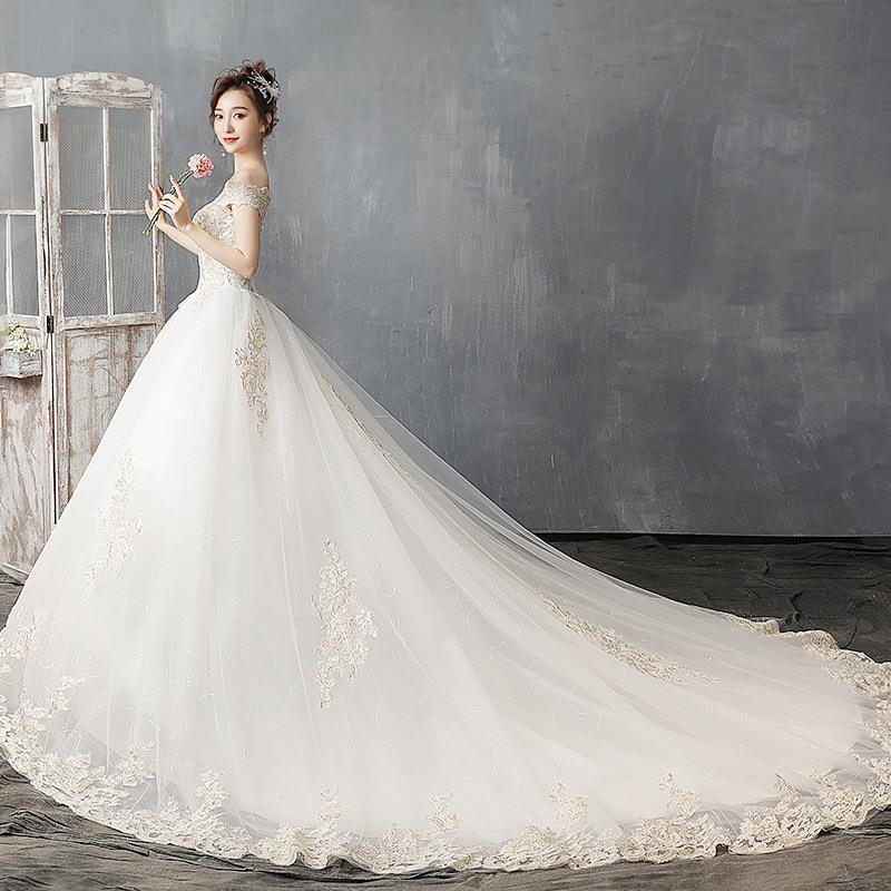 韩版一字肩长拖尾婚纱影楼婚纱摄影2022新款礼服欧式新娘婚纱宫廷