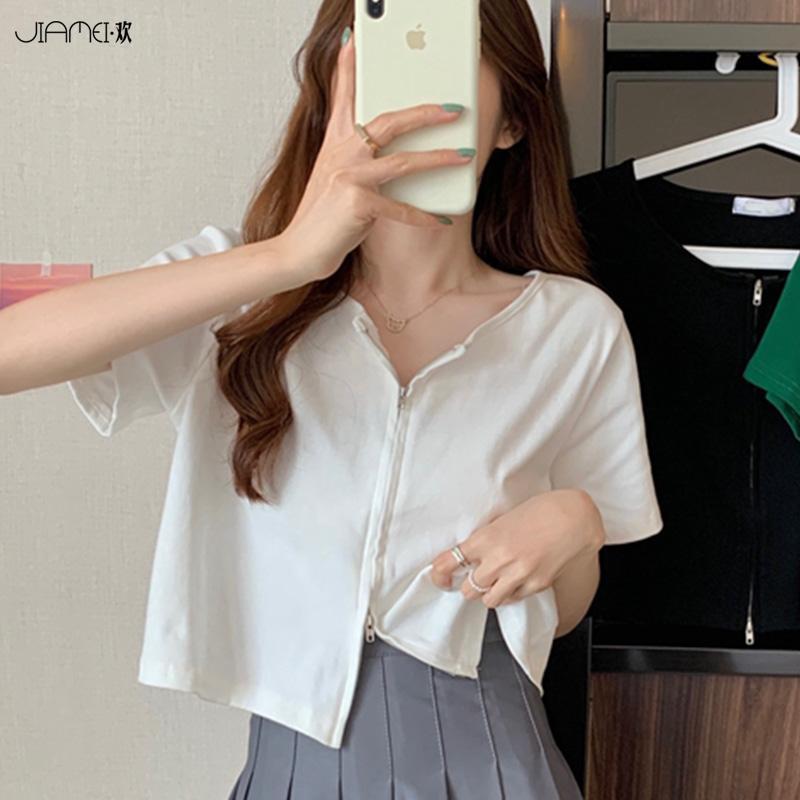 Large size short-sleeved T-shirt for women summer new ins style zipper design chic top women's short cardigan jacket