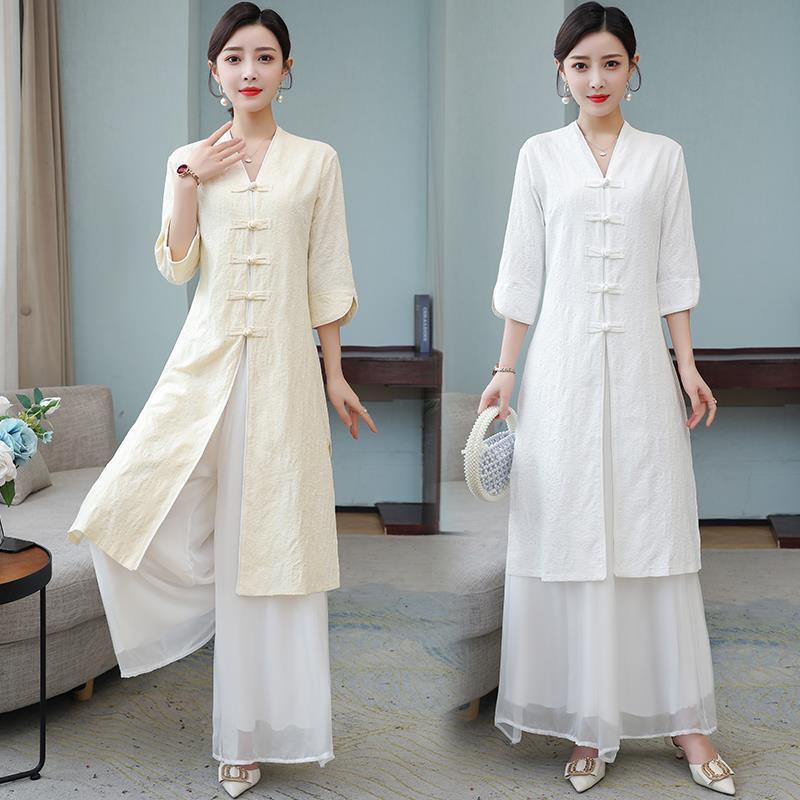 Zen women's Chinese style high-end tea clothing women's spring and summer tea art clothing Hanfu improved cheongsam top Tang suit