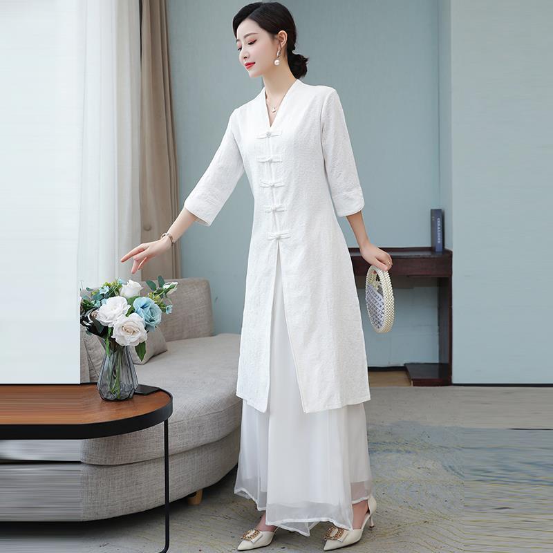 Zen women's Chinese style high-end tea clothing women's spring and summer tea art clothing Hanfu improved cheongsam top Tang suit