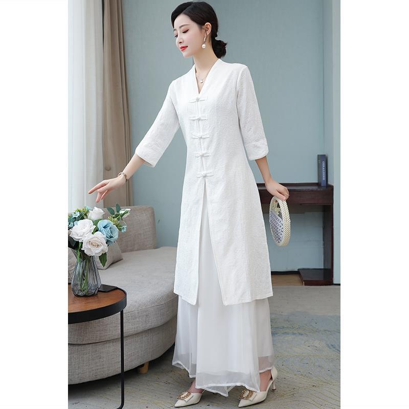 Zen women's Chinese style high-end tea clothing women's spring and summer tea art clothing Hanfu improved cheongsam top Tang suit