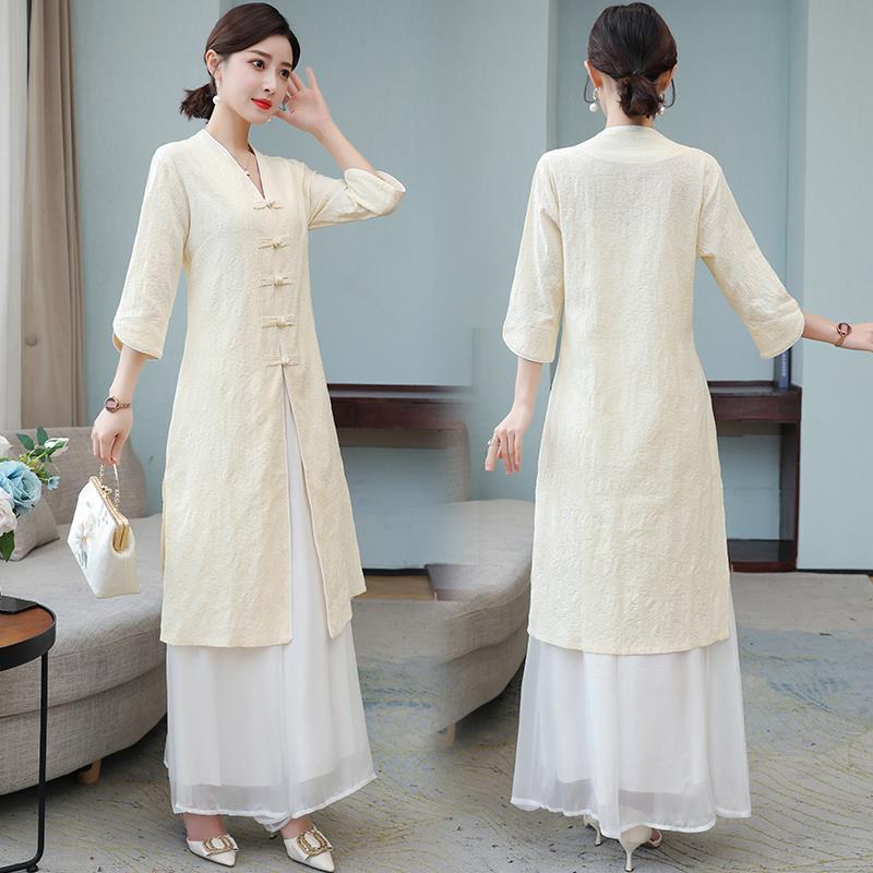 Zen women's Chinese style high-end tea clothing women's spring and summer tea art clothing Hanfu improved cheongsam top Tang suit