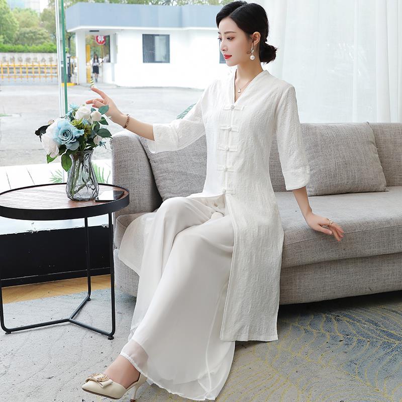 Zen women's Chinese style high-end tea clothing women's spring and summer tea art clothing Hanfu improved cheongsam top Tang suit