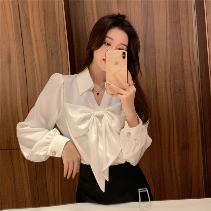 早春季疊穿長袖法式別致白色襯衫女設計感小眾翻領甜美蝴蝶結上衣
