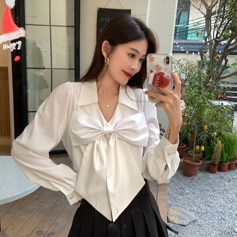 蝴蝶結甜美白色襯衫女早春季疊穿長袖法式別致設計感小眾翻領上衣