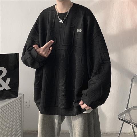 Waffle round neck sweater men's spring new clothes men's loose all-match oversize national tide jacket men's top