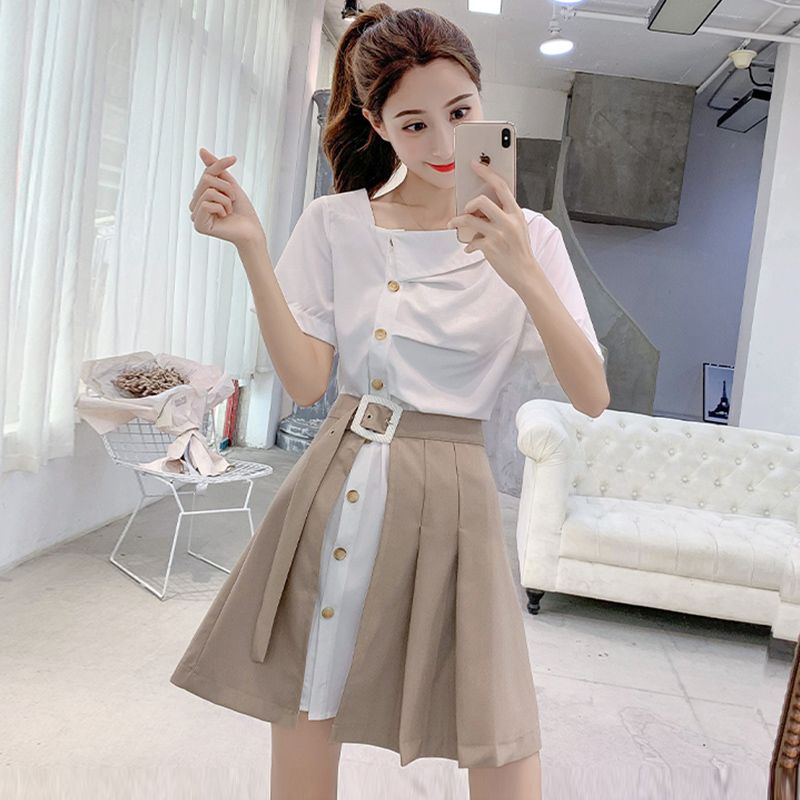 Suit women's 2022 new summer dress wrinkled design sense shirt dress + open half-length skirt two-piece set