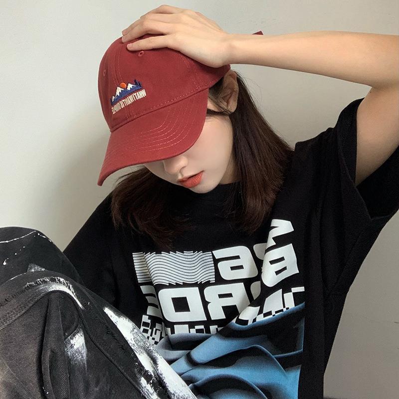 Korean version of the all-match embroidery peaked cap female summer net red soft top baseball cap wine red couple student hat tide