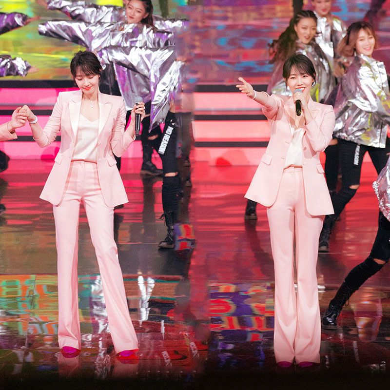 明星白百何同款小香风粉色西装套装女韩国修身西服微喇长裤两件套