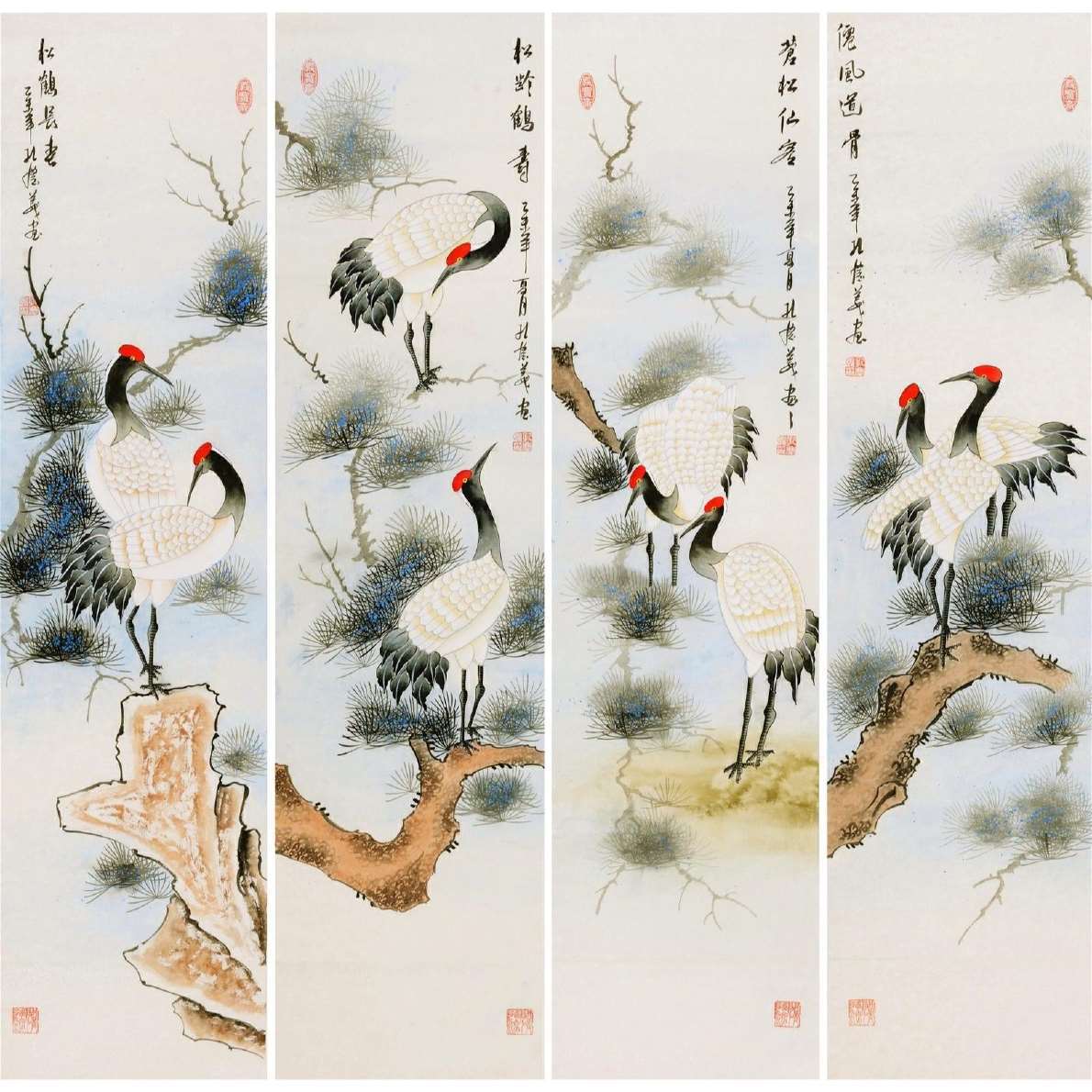 纯手绘四尺四条屏客厅写意花鸟松鹤仙鹤祝寿图名人国画书画字画