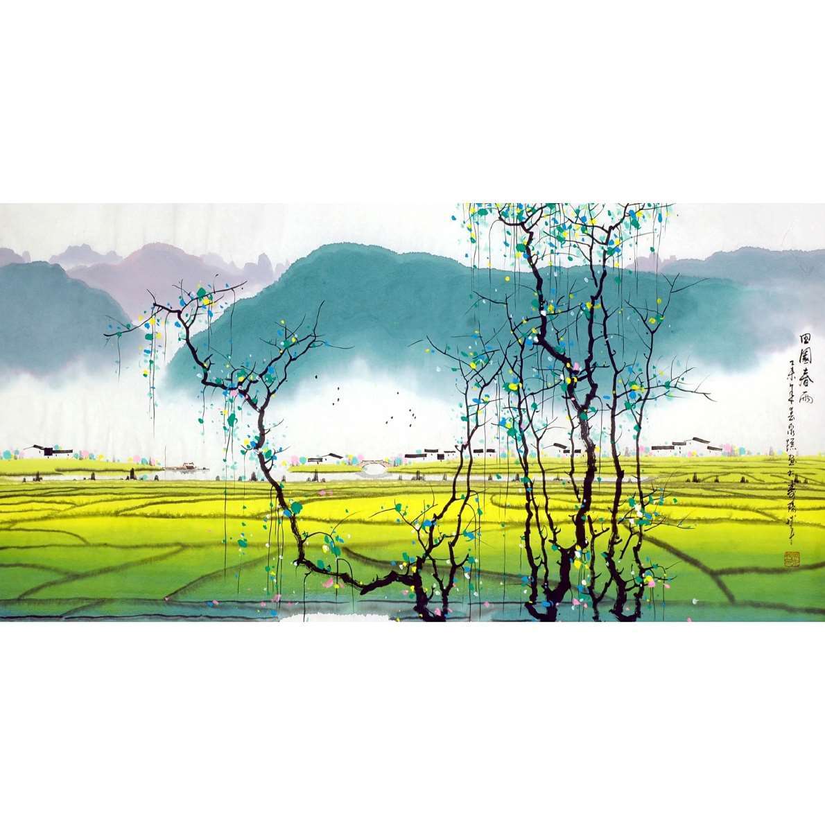 纯手绘四尺横幅张泉踪真迹客厅重彩写意山水田园春雨名人国画书画