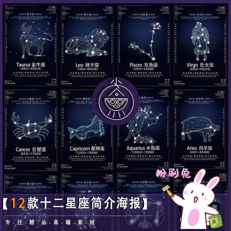 十二星座简介海报唯美神秘星空宇宙星系符号 psd分层模版设计素材