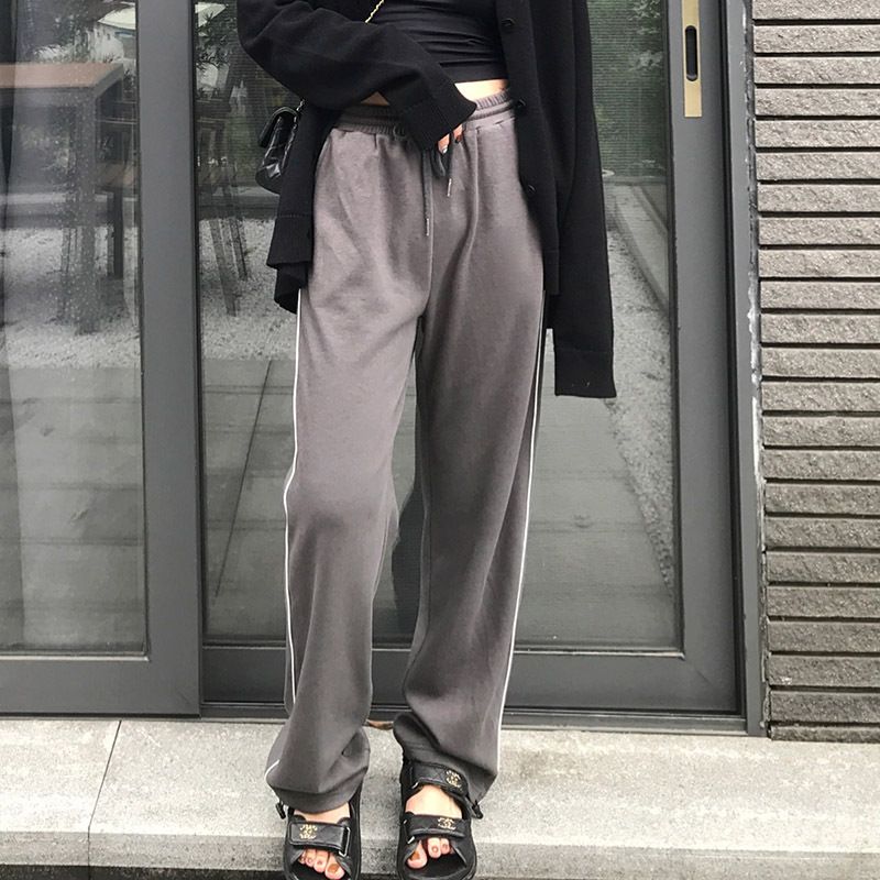 王少女的店束脚运动裤春秋季黑灰色高腰阔腿直筒休闲运动长卫裤子