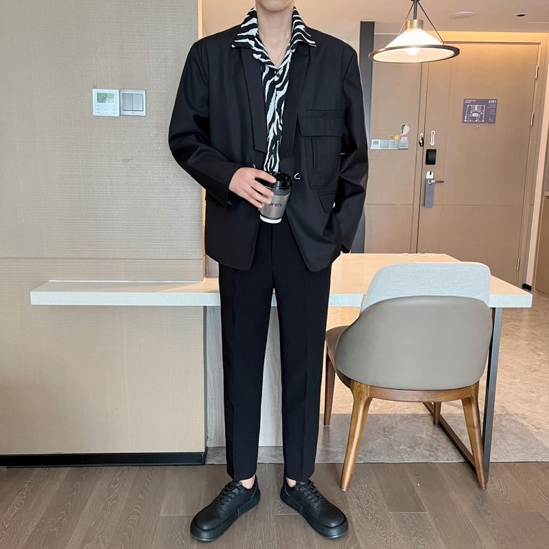 春季新款宽松网红青果领卡扣口袋西服外套男高级感网红休闲小西装