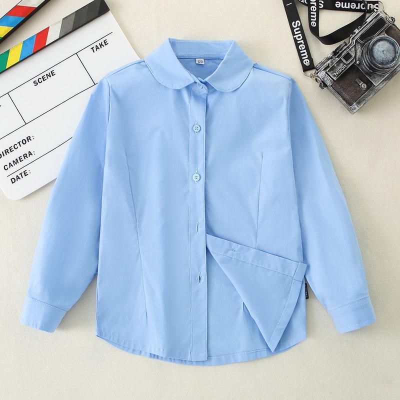 Boys and girls blue shirt long-sleeved pure cotton children's lapel shirt spring and autumn Shenzhen primary school students school uniform performance solid color