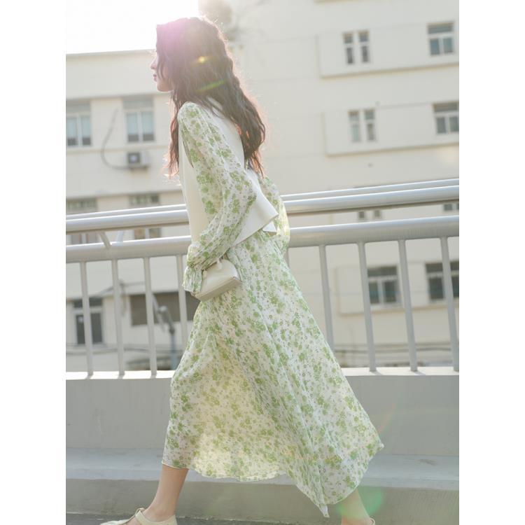 French retro gentle wind long section small floral dress female 2023 spring new French fairy skirt