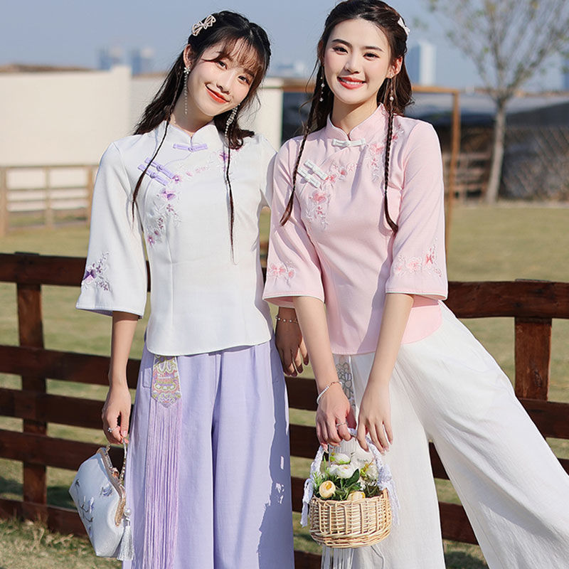 中国风女装复古汉服女改良唐装上衣茶艺服装中式旗袍套装裤两件套