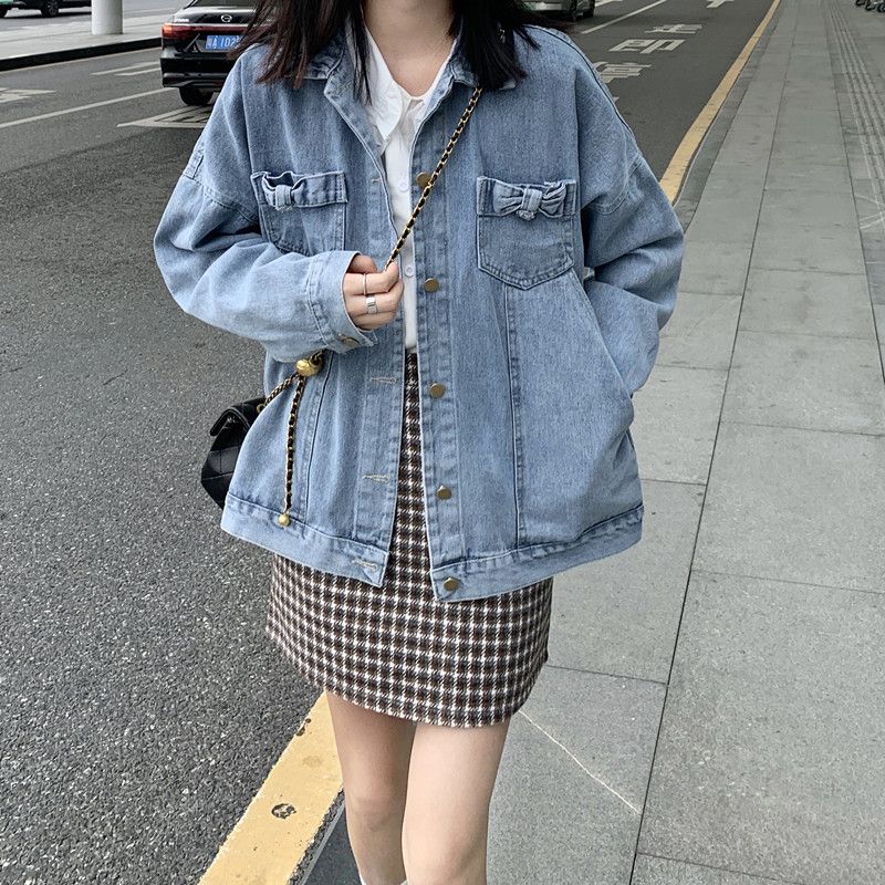 Bowknot denim short jacket women's clothing early spring  new student all-match chic small jacket tops