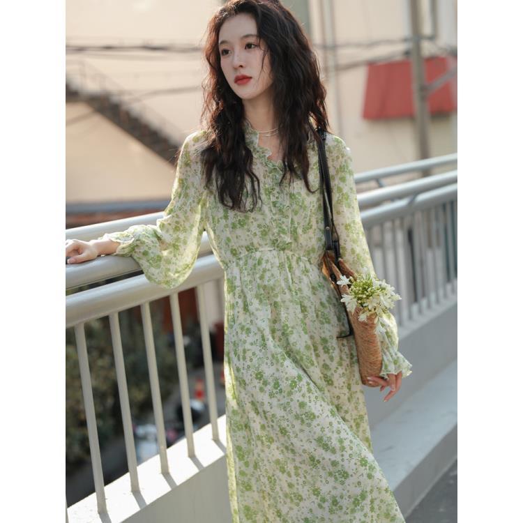 French retro gentle wind long section small floral dress female 2023 spring new French fairy skirt