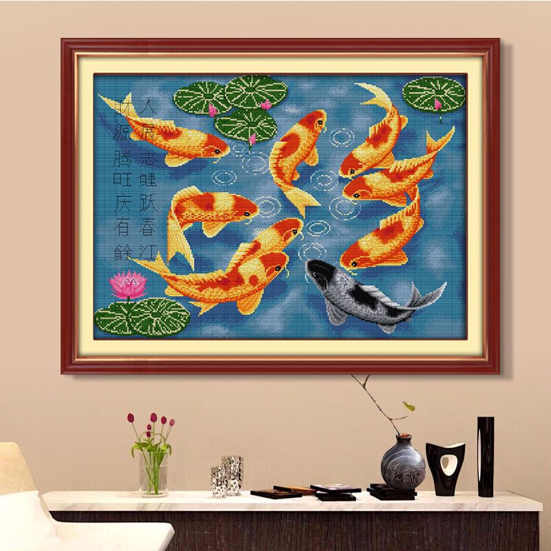 九鱼图十字绣风水招财2022新款绣客厅九条鱼荷花鲤鱼图全绣款线绣