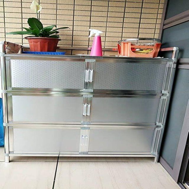致力新款加厚不锈钢厨房碗橱柜微波炉柜餐边柜铝合金阳台储物柜