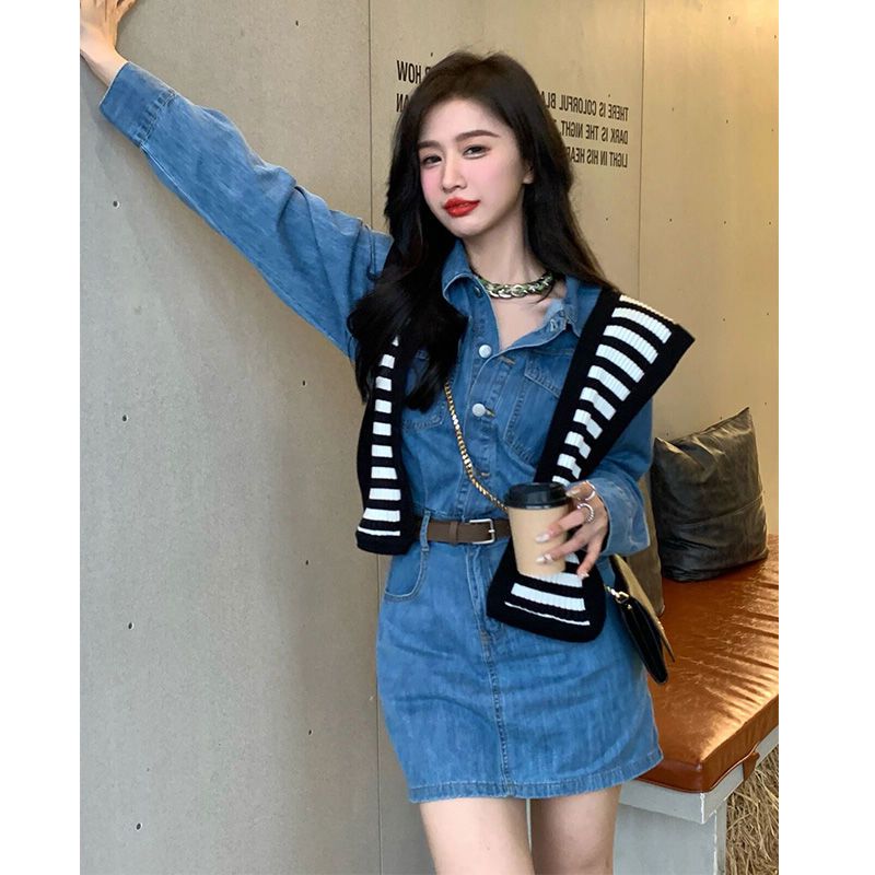 Early spring suit 2022 new high-end cold style small man long-sleeved shirt denim dress female