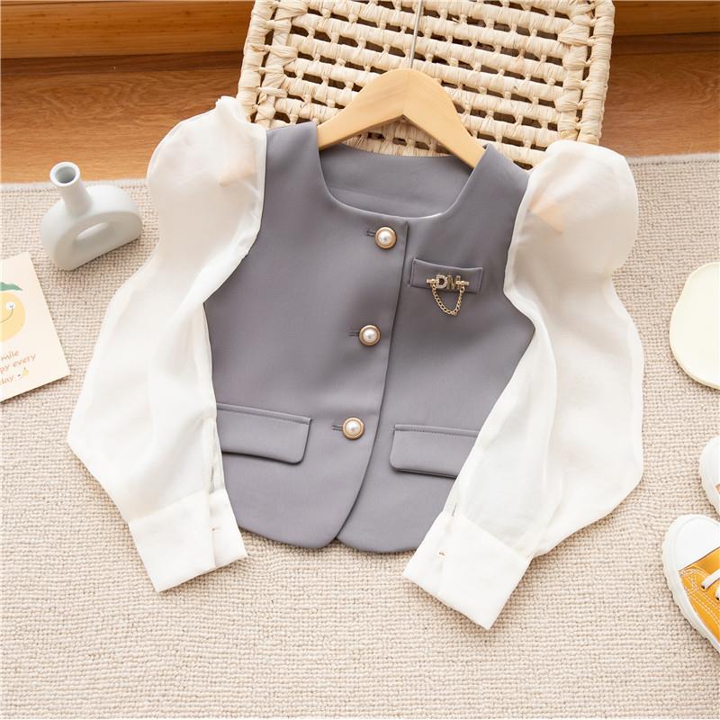 2022 spring new girls' long-sleeved top + pleated skirt two-piece suit children's solid color Korean style single-breasted button