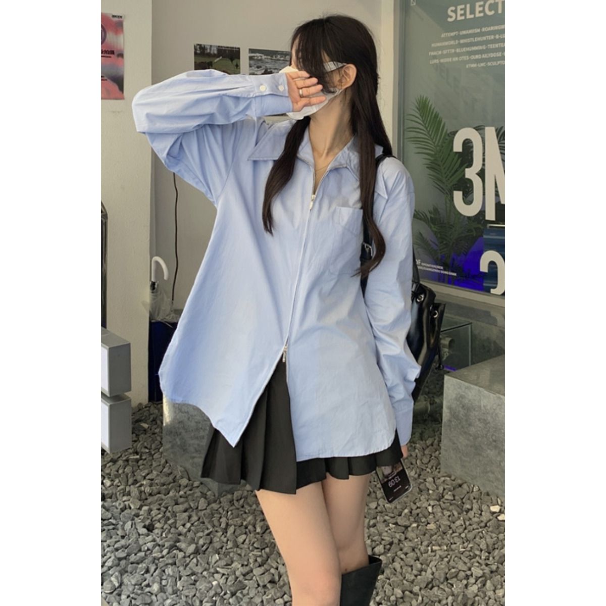 Design niche blue zipper shirt women's spring and autumn loose long-sleeved shirt temperament high-end chic top