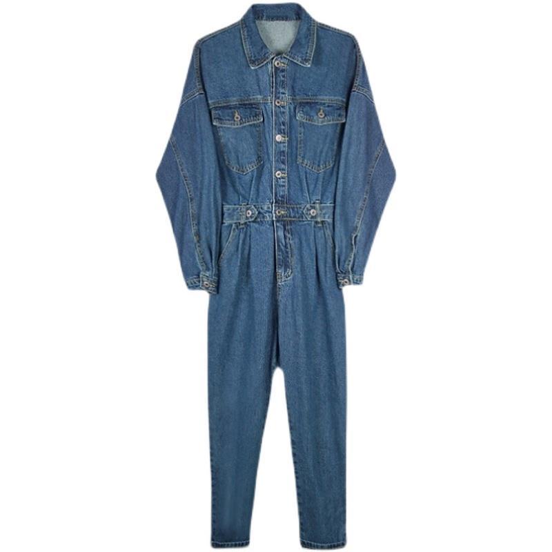 2022 Spring and Autumn New Korean Style Women's Straight Waist Workwear Jumpsuit Fake Two-piece Suit One-Piece Jeans Female