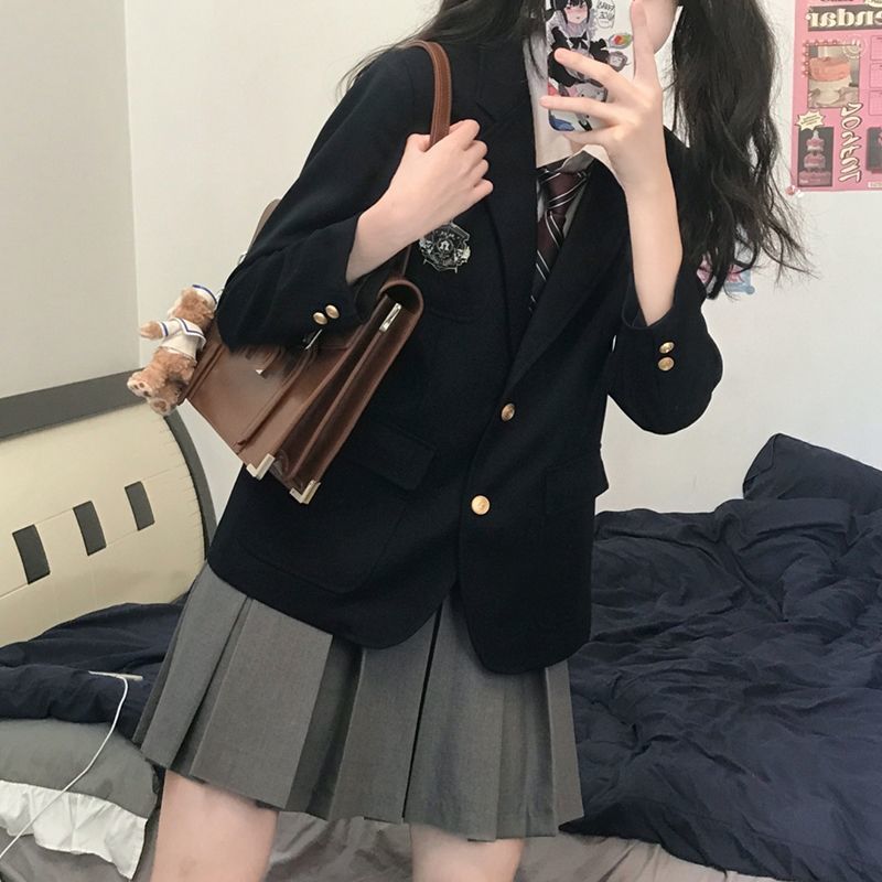 jk uniform small suit female  spring and autumn new suit jacket with white shirt pleated skirt three-piece suit