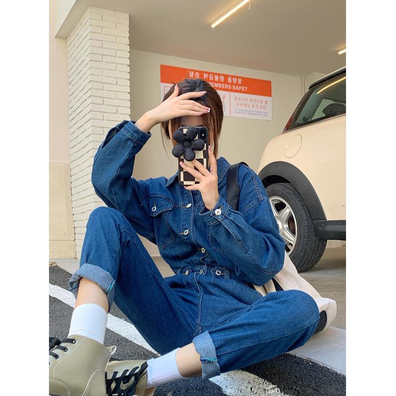 2022 Spring and Autumn New Korean Style Women's Straight Waist Workwear Jumpsuit Fake Two-piece Suit One-Piece Jeans Female