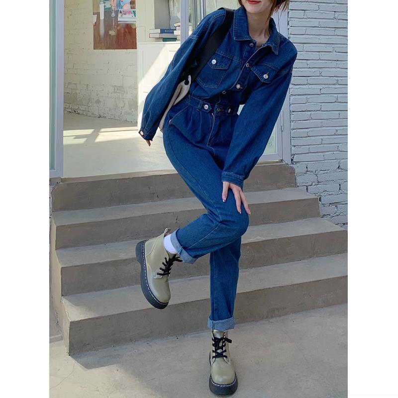 2022 Spring and Autumn New Korean Style Women's Straight Waist Workwear Jumpsuit Fake Two-piece Suit One-Piece Jeans Female