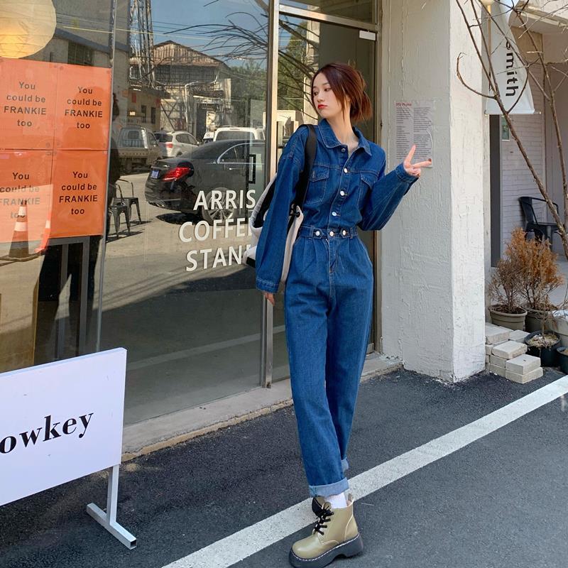 2022 Spring and Autumn New Korean Style Women's Straight Waist Workwear Jumpsuit Fake Two-piece Suit One-Piece Jeans Female