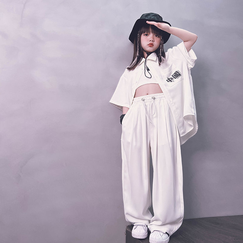 Boys and girls hip-hop sports suit short-sleeved white shirt all-match wide-leg long trousers performance clothing parent-child models