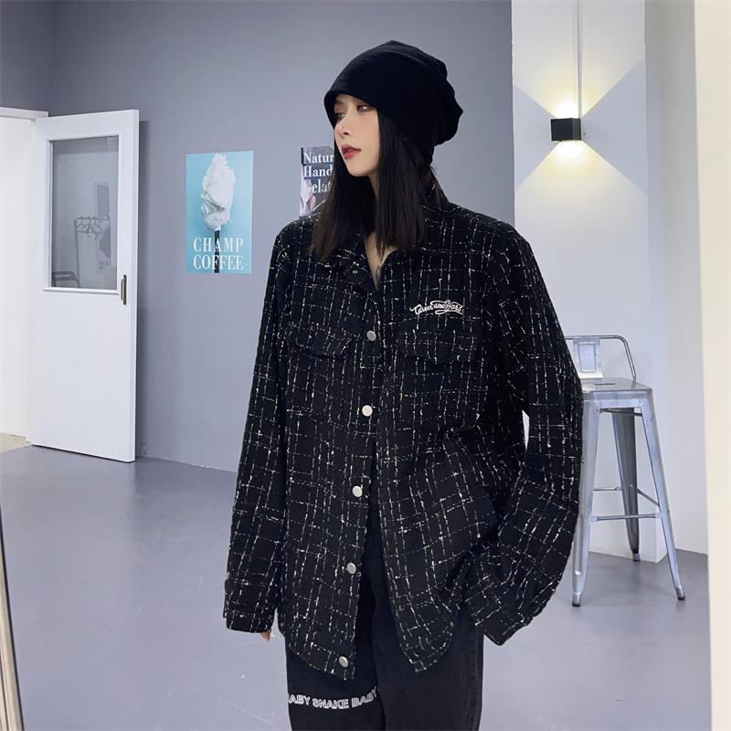 Korean version design sense small fragrant wind jacket female spring and autumn new student plaid embroidery retro all-match tooling jacket tide