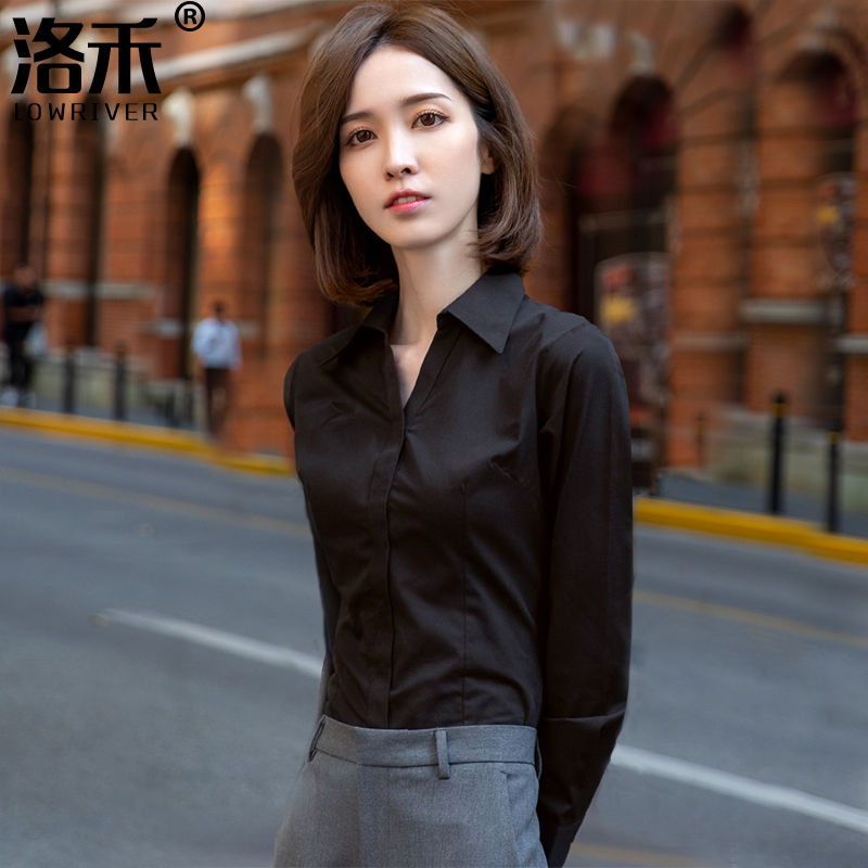 洛禾v领职业衬衫女长袖年秋季黑色衬衣白领气质修身显瘦工装