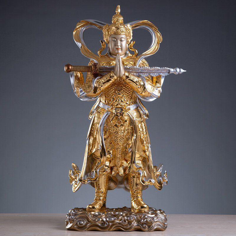 圆通佛具台湾贴金朝天韦陀菩萨像合掌佛像铜像家用摆件护法神像