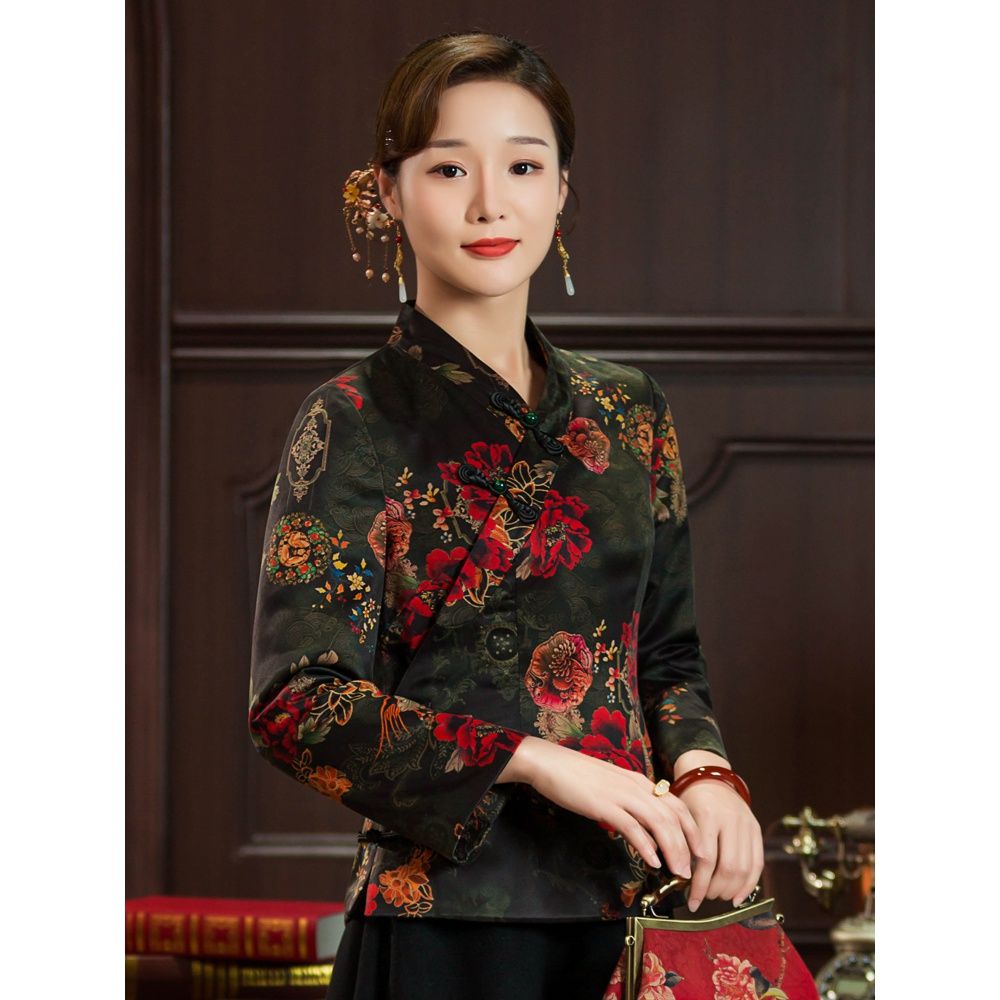 华族经典2021年新款冬季夹棉加厚40姆米重缎香云纱中式唐装女上衣