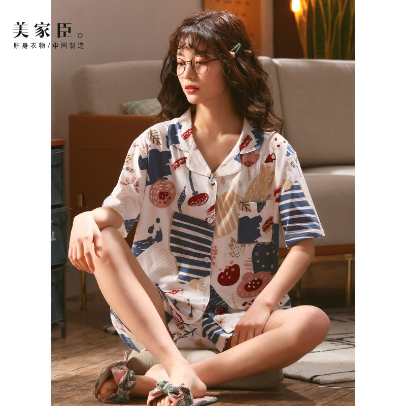 Meichen's new pajamas women's summer cotton thin short-sleeved shorts casual graffiti cardigan button cotton two-piece set