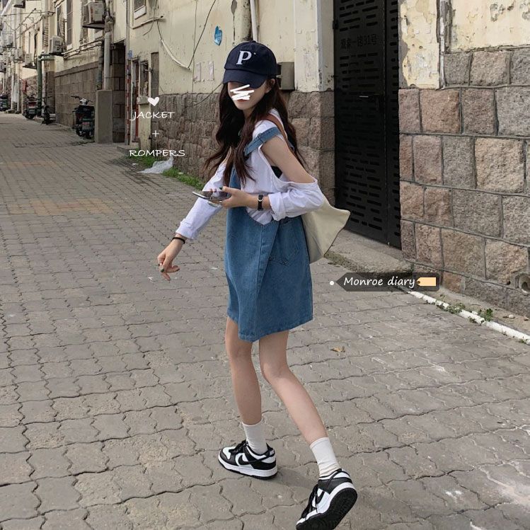 韓版寬鬆薄款減齡牛仔背帶連衣裙女2022夏季新款小個子顯瘦短裙子