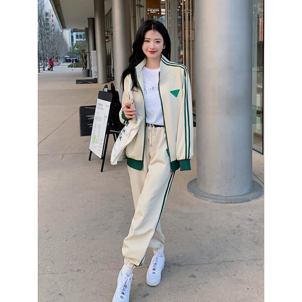 休闲时尚套装女2022新款奶系穿搭早春撞色学院风运动卫衣裤两件套