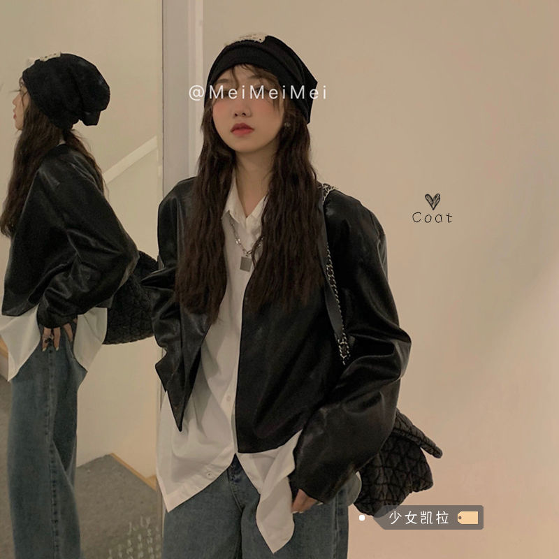Retro V-neck black leather jacket women's 2022 spring new loose and thin short motorcycle jacket