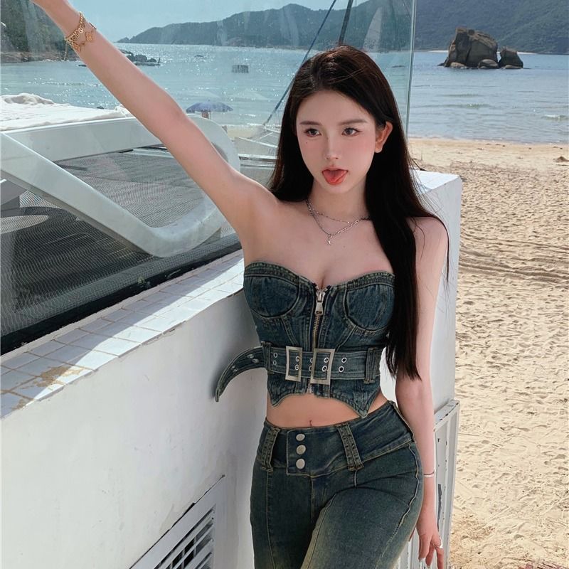 Heavy industry washed and used jeans summer design sense of minority hot pants high waist thin floor draping pants children