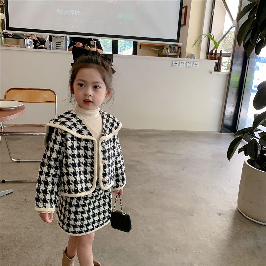 Girls' foreign style casual suit 2022 spring new girl's small fragrance style houndstooth coat short skirt two-piece suit