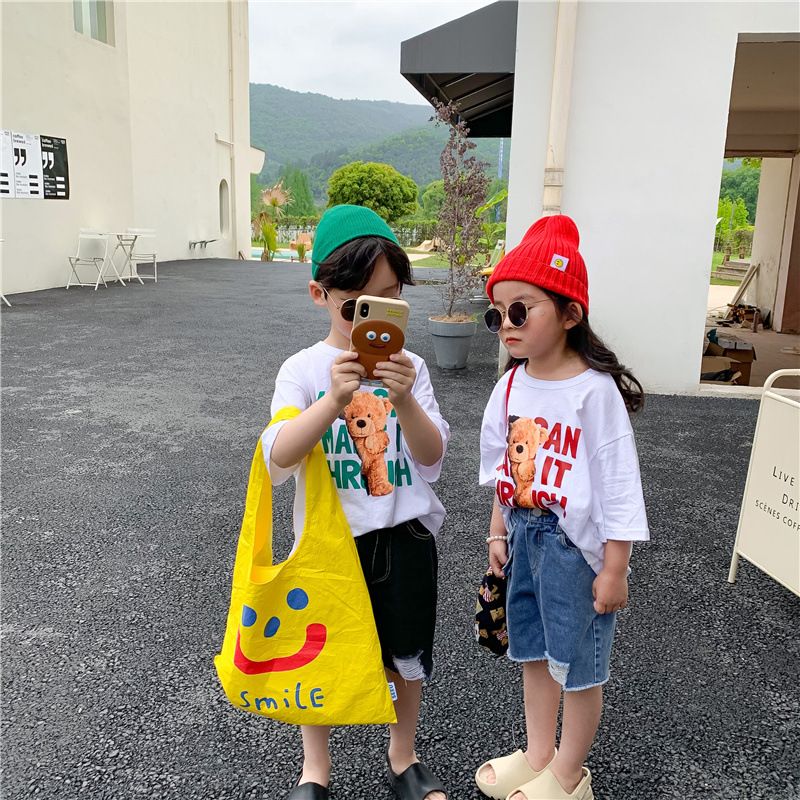 Children's Korean version of loose printed white T-shirt summer children's baby all-match bear short-sleeved top t-shirt sister and brother outfit