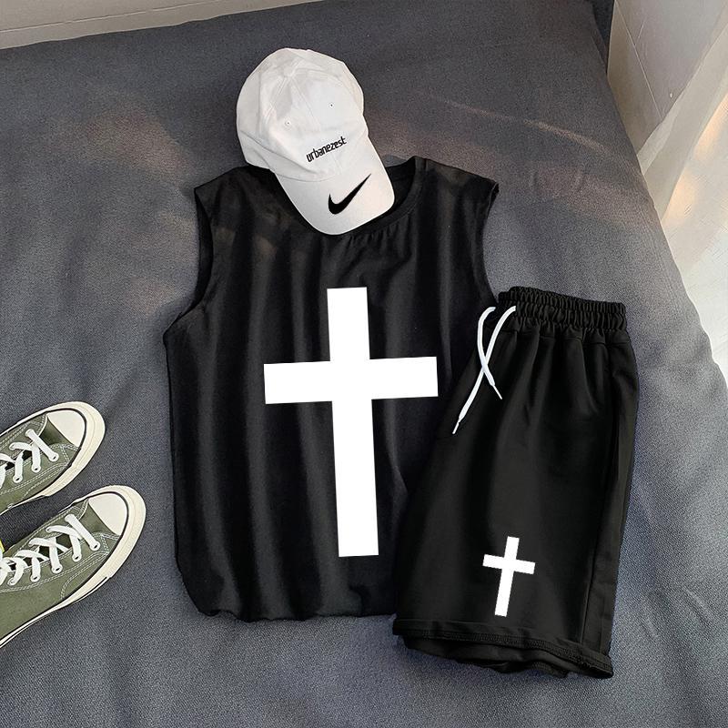 Trendy GD cross summer two piece suit men's and women's casual waistcoat basketball student clothes versatile shorts