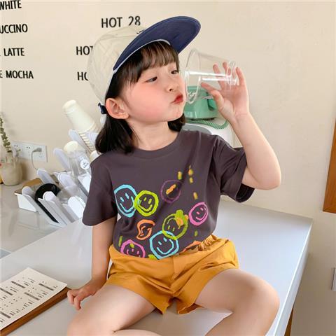 Girls net red five-color smiling face short-sleeved t-shirt cotton summer thin section  new children's summer tops