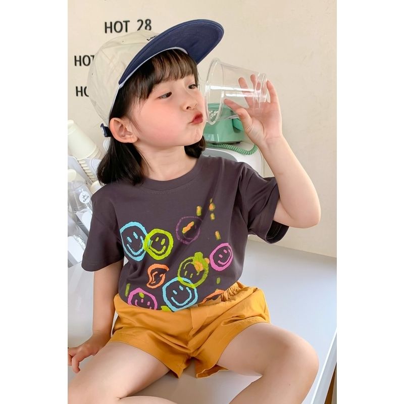 Girls net red five-color smiling face short-sleeved t-shirt cotton summer thin section  new children's summer tops